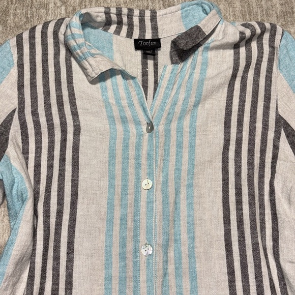 XL 100% Linen Tunic button up striped LONG shell buttons long sleeve Beachy - Picture 2 of 8